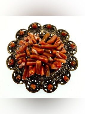 Vintage Coral Branch Cluster Brooch Gold Tone Filigree Mid Century Statement Pin
